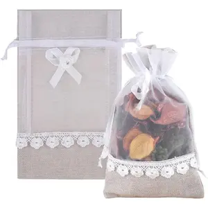 Rose Drawstring Burlap Bag - 20 count 4x6 Inch Lace Jute Organza Favor  Bags, Sheer Linen Favor Bags for Wedding