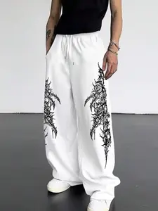 Men's Vintage Streetwear White Sweatpants, Bold Gothic Thorn Design, Comfortable Wide-Leg, Perfect for Summer Hangouts & Alternative Fashion Looks