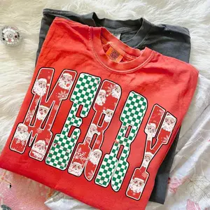 Comfort Colors Merry Christmas T-shirt, Santa Checkerboard Red Green Tee, Cute Holiday Shirt  T-shirt, Retro Xmas Tee, Christmas Word Art Shirt	
