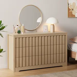 2 Piece Home Furniture Dresser Set Natural Wood Finish Fluted Design for Bedroom Living Room