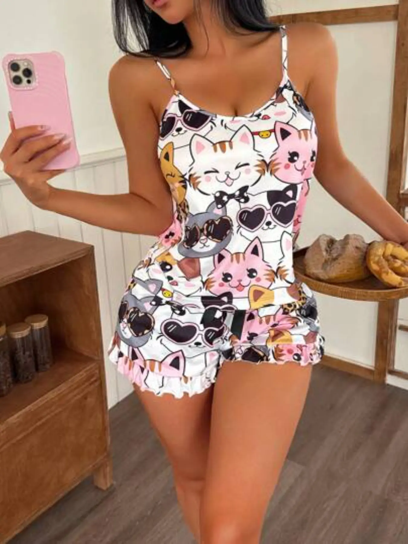 Women's Cute Cartoon Cat Print Pajama Set, 2-Piece Sleepwear Collection, Comfortable & Stylish Nightwear, Perfect Gift Idea, Pjs