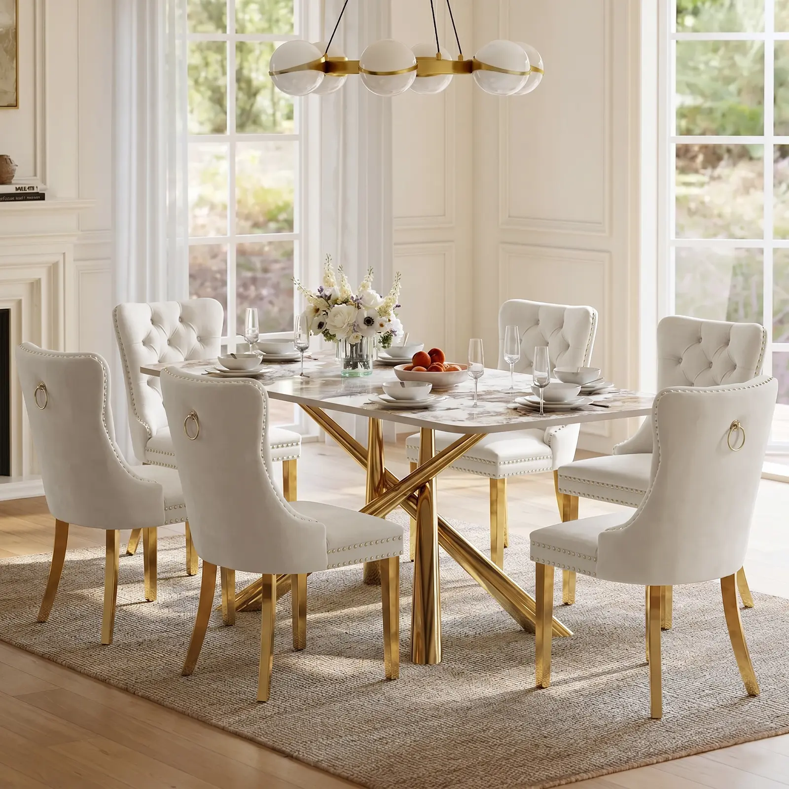 Luxury Dining Chairs Set of 6, Velvet Comfy Tufted Upholstered High Back Chairs with Solid Wood Legs and Nailhead Trim for KitchenC