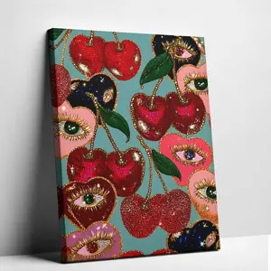Cherry Poster, Funky Print, Maximalist Glam Art, Eclectic Fruit Poster, Eye Themed Print, Kitchen Dopamine Decor