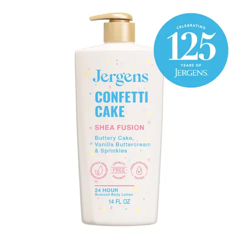 Jergens Shea Fusion Confetti Cake Body Lotion for Dry Skin, Moisturizing Body Lotion with Shea Butter and Vitamin E, 14 fl oz