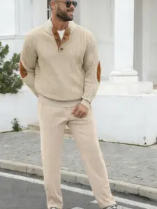 Two-piece men's twisted knit jacquard half-collar cardigan with rope cuff drawstring trousers, regular fit casual long-sved sweatshirt and pants, comfortable and warm to wear in autumn and winter, men's daily wear suit set, Outfit Sets.