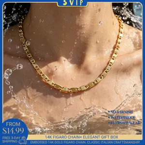 New 14K Gold-Plated Figaro Chain Necklace for Men – 6mm Wide, 24” Italian-Style Cuban Link, Hip-Hop, Streetwear & Everyday Layering Jewelry, Tarnish-Free Nano Coating