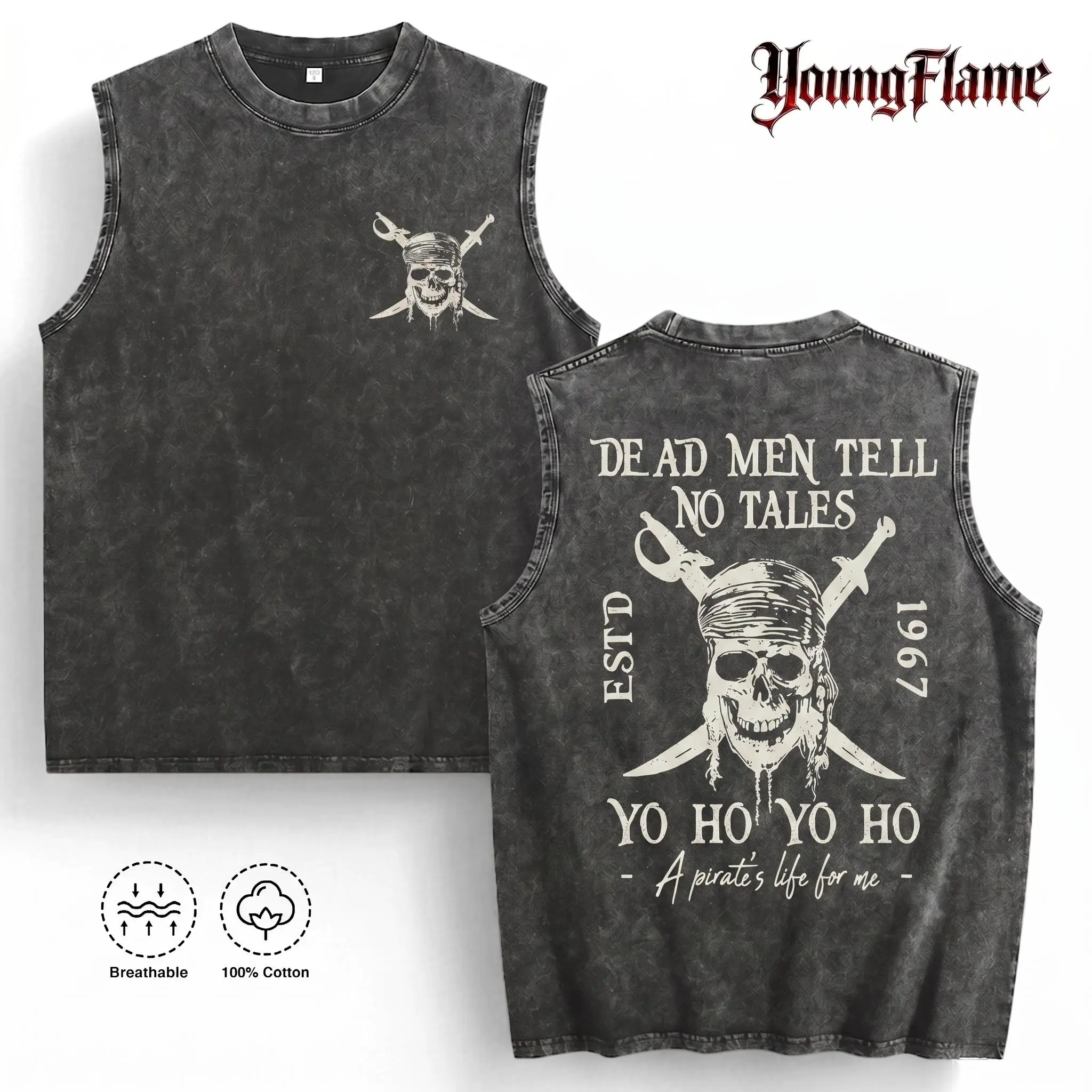 Men's Retro Vintage Pirate Skull Graphic Cotton T-Shirt, Aesthetic Edgy Grunge Unisex Sleeveless Streetwear Top, Cool Menswear Gift