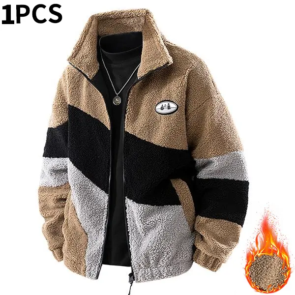 Men’s color-block sherpa fleece jacket, stand-collar full-zip teddy coat, thick warm winter streetwear outerwear, casual loose fleece jacket for everyday outdoor wear