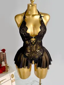YIAII Women's Floral Lace Sheer Mesh Halter Deep V Ruffle Skirted Bodysuit Lingerie