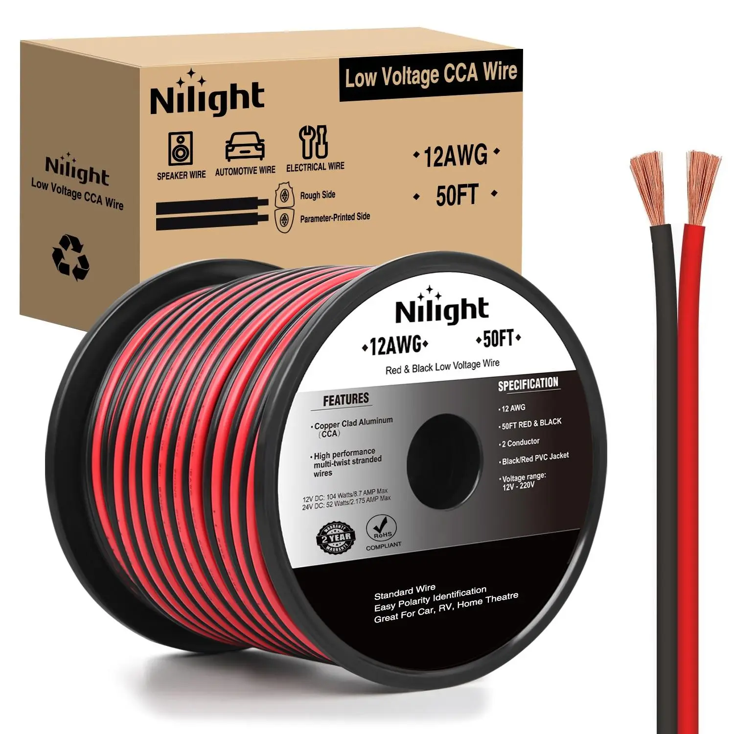 Nilight 50FT 16AWG Copper Clad Aluminum Flexible Low Voltage Wire, 16/2 Gauge Red Black CCA 2-Conductor Parallel Cable, High Strand Count Uniform Thickness 12V/24V DC Extension for Car Audio Radio Speaker Amplifier