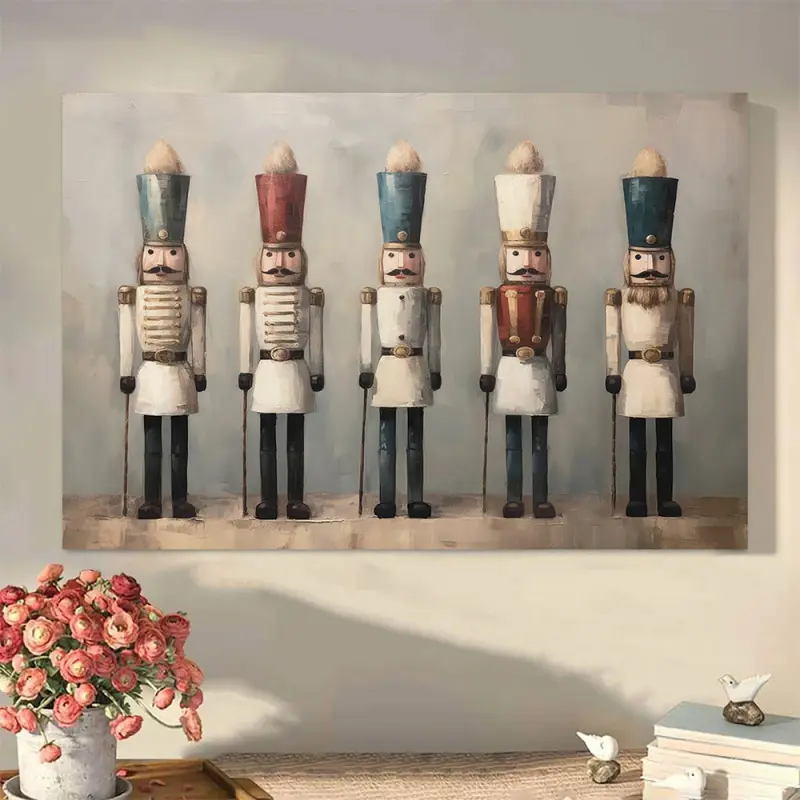 [2D Flat]1pc Vintage Nutcracker Soldier HD Canvas Decorative Painting 11.8* 15.7inch (30* 40cm ) with Wooden Frame - Soft Light Colors Christmas Home Decoration, Can Be Directly Hung in Living Room, Bedroom