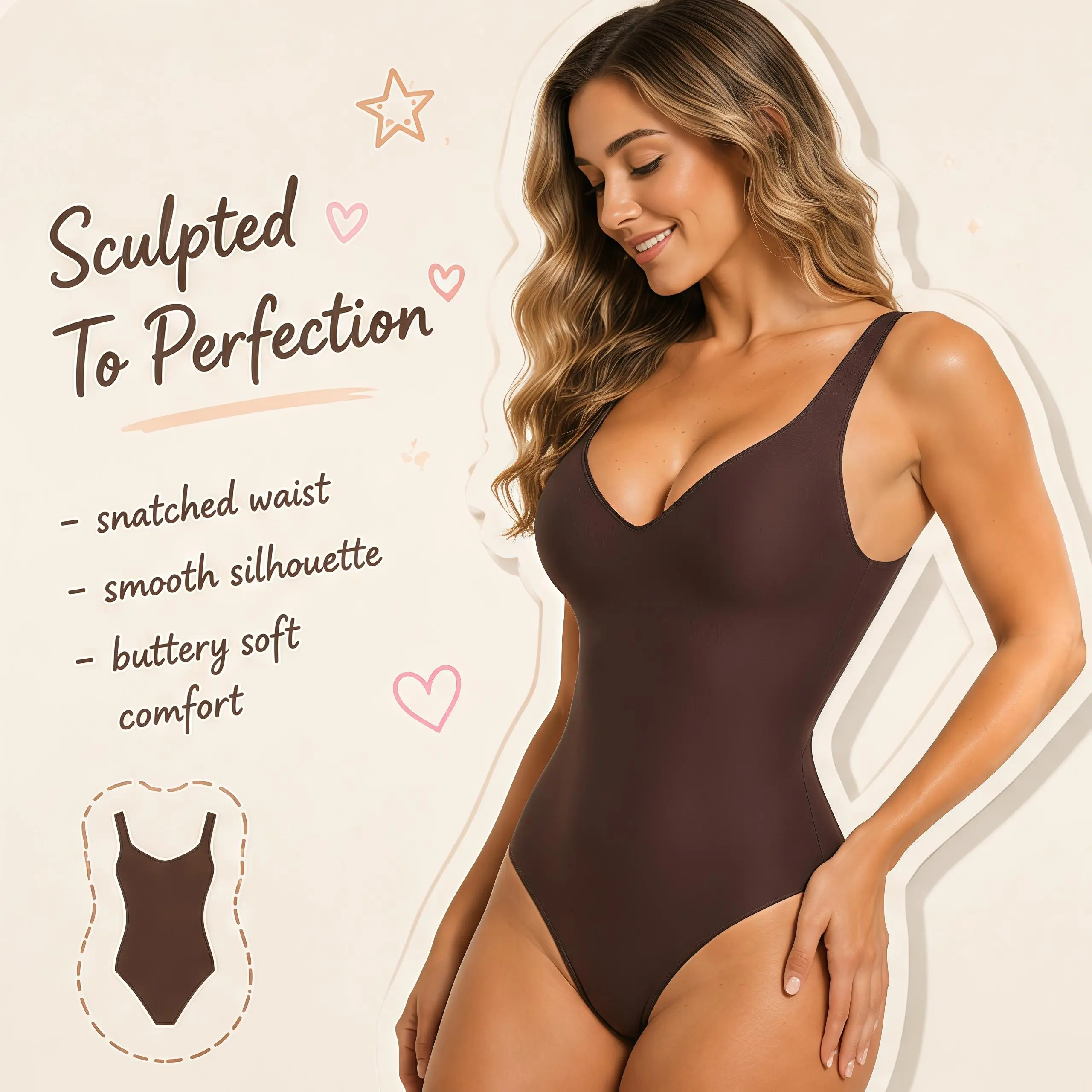[Sculptella shop]Sexy Deep V Wireless Bodysuit – Thong Style Butt Lifter Summer Outfit
