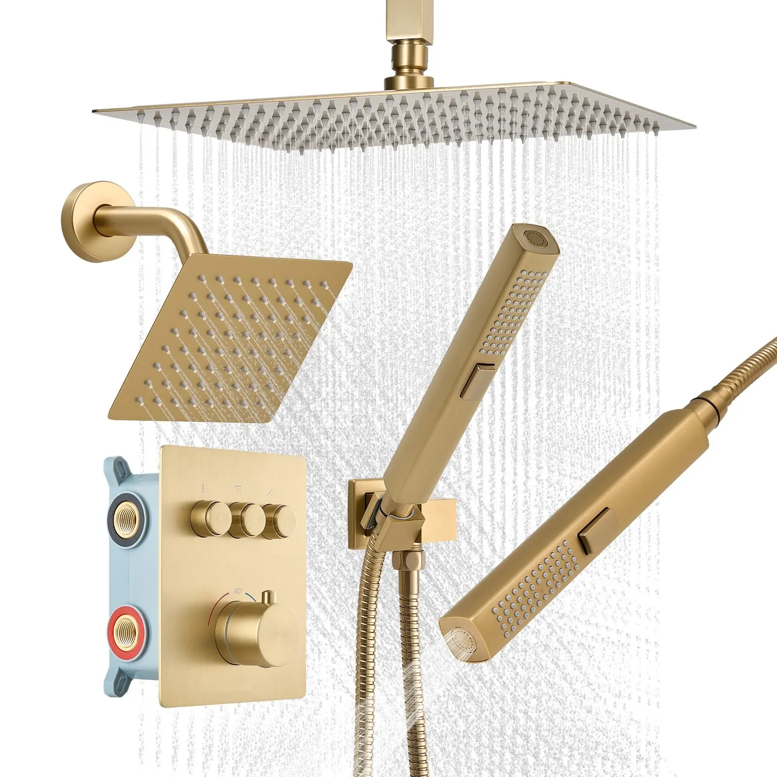 Thermostatic Ceiling-Mount Shower System With 12-Inch Rain Shower, 6-Inch Wall-Mount Head, 2-In-1 Handheld Spray, 3-Function Dual Rain Head Brass Valve Trim Kit, Brushed Gold Finish Bathroom Shower Set