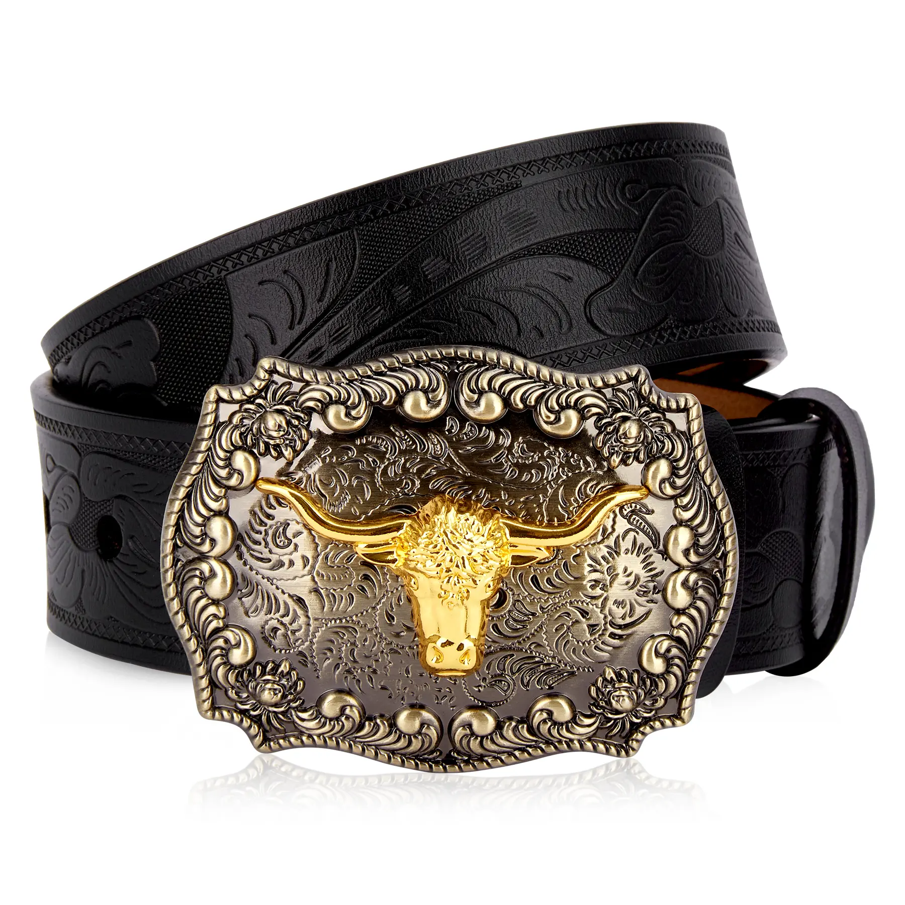 BISON DENIM Men's Embossed Cow Hide Western Belt - Heavy Duty Soft Wear-Resistant Leather Strap, Rustproof Decorative Buckle, Adjustable Casual Unisex Belts for Jeans Camping