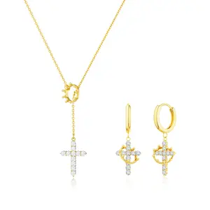 TEWIKY Gold LayeredCrown Zircon Cross Earrings Necklace Dainty Simple Pendant with Elegant Hypoallergenic Jewelry Party Daily Wear for Women Fashion Items Holiday gifts