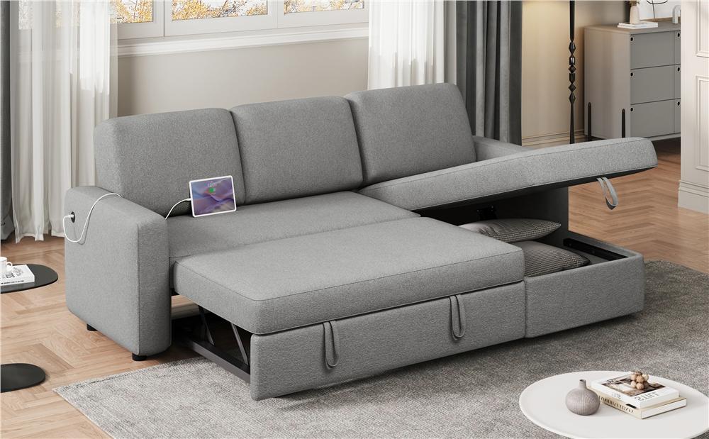 【4 Packages Delivery】Yaheetech L-Shaped Sectional Storage Sofa with Chaise, USB & Type-C Ports, Reversible Couch Sleeper with Pull Out Bed
