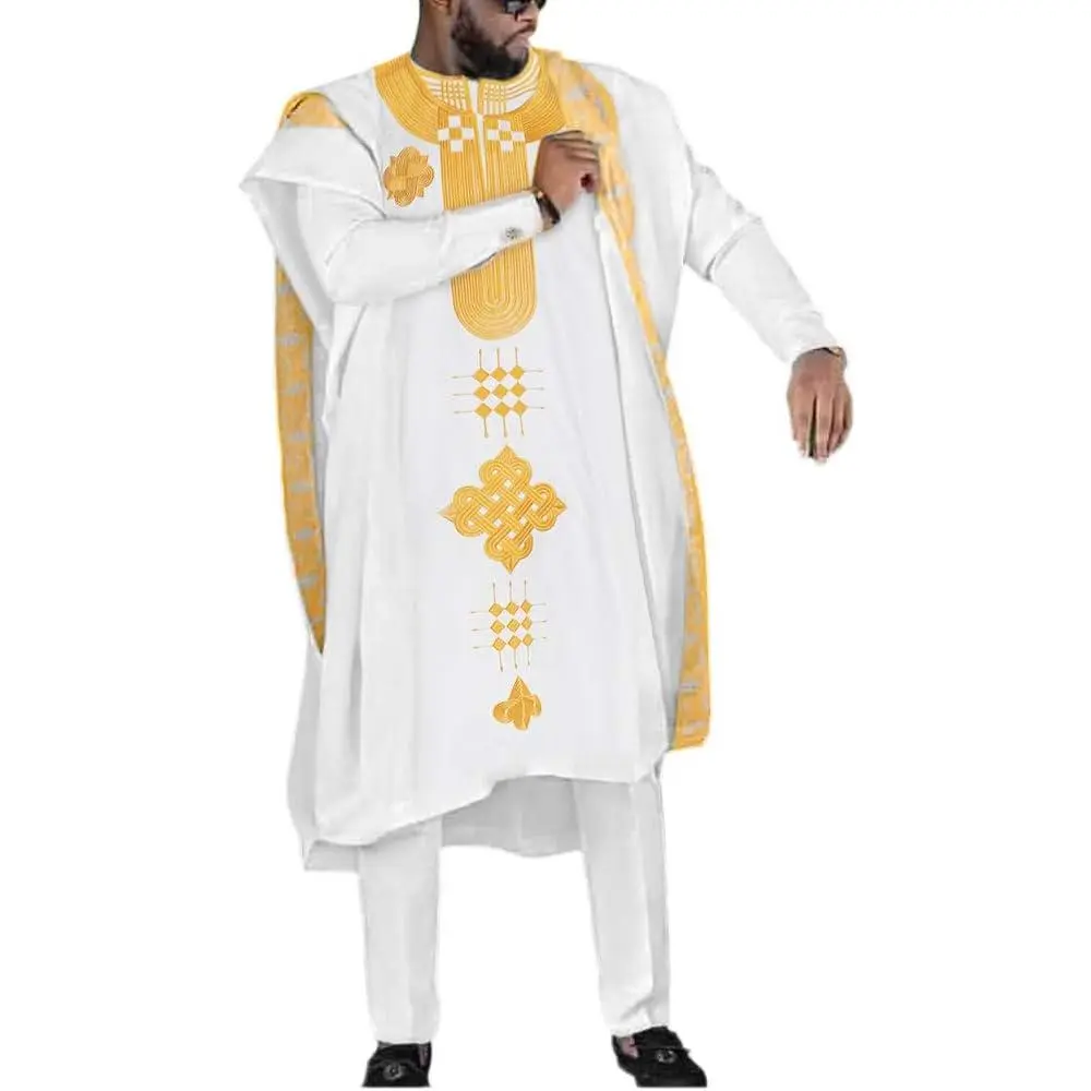 African Mens Apparel Agbada Clothing Embroidery Dashiki Shirts and Pants Outfits 3 Pieces