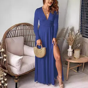 Deep V-neck Long Sleeve Dress Ruched Gathered High Waist Slit Club Party Evening Dress Solid Color Dress