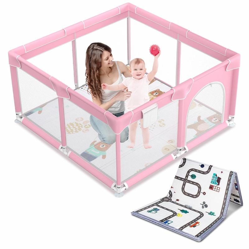 Baby Playpen with Anti-Slip Mat for Indoor&Outdoor Playard Kids Activity Center with Gate, Portable Fence Area for Babies and Toddlers playpen,Pink