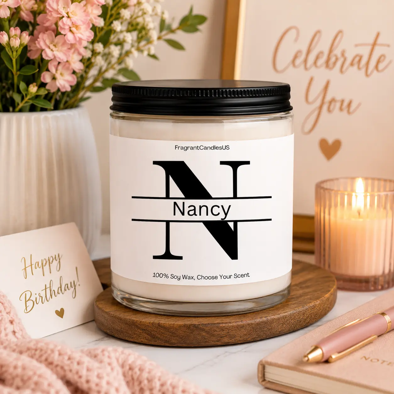 Personalized Monogram Candle with Name, Custom Family Initial Gift for Her Him, Personalized Gifts for Women Men, Birthday Anniversary Wedding Gift, Bridal Shower Bridesmaid Gift, Housewarming, Family Christmas Gift, Custom Name Scented Soy Candle