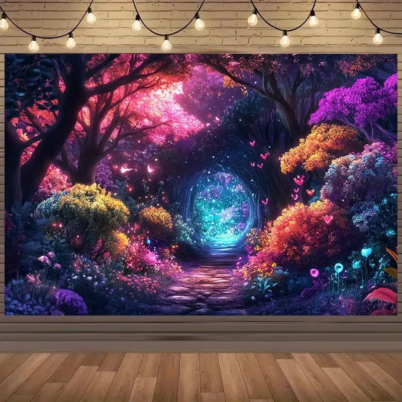 [Popular Choice] Blacklight UV-Reactive Tapestry, Neon Lights Fairy-Magic-Woodland Fantasy Forest Wall Hanging with Psychedelic Plant Tree Design, Misty Jungle Decor for Bedroom, Living Room, Fairy Forest Tapestries, Magic Forest Tapestries