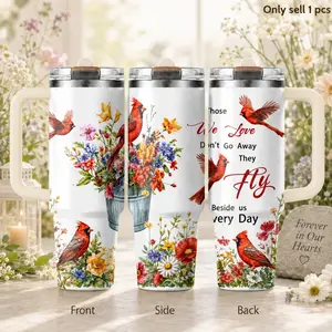 Cardinal Birds Floral Memorial 40oz 3rd Gen Vacuum Insulated Tumbler with Handle & Straw Lid, Leak-Proof Stainless Steel Travel Mug for Water, Coffee, Gym, Office, Car Cup Holder Sympathy Gift for Mom