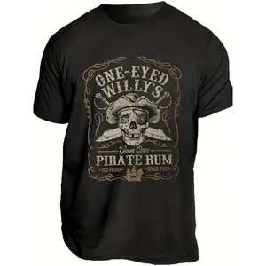 Retro-Style T-Shirt Featuring One-Eyed Willy Pirate Rum Design with a Black Skull And Crossed Swords, Perfect for Pirate Fans And Ideal for Costume Events Or Everyday Use