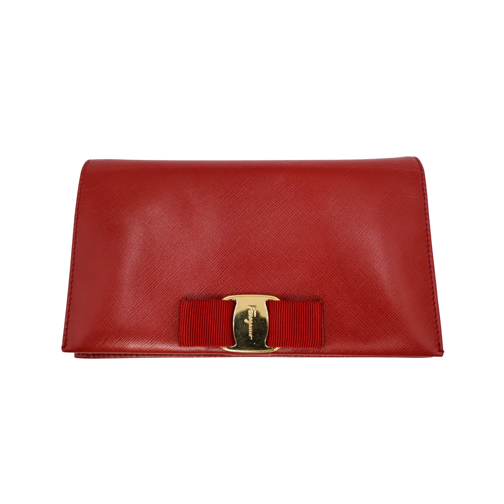 Pre-owned SALVATORE FERRAGAMO leather Small leather goods Red Saffiano Vara Bow Wallet (LH0154)