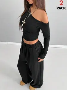 Women's Asymmetrical Shoulder Long Sleeve Top & Pants Set, Slim-Fit Street Style for All Seasons, Casual Fashion Wear Knit Womenswear