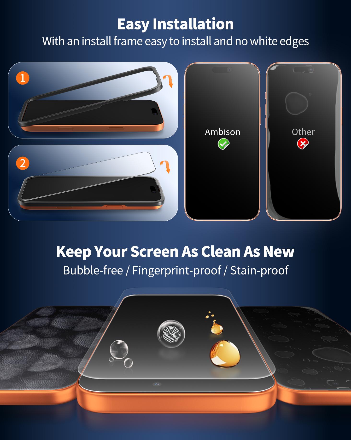 Ambison 2-Pack Matte Screen Protector for iPhone 17/16/15/14/13 Pro Max, with Easy Installation Tool | Anti-Spy, Anti-Glare, Full Coverage Tempered Glass Film | Anti-Fingerprint, Bubble-Free, Case-Friendly, Silk-Smooth, Shockproof Protection. Summ