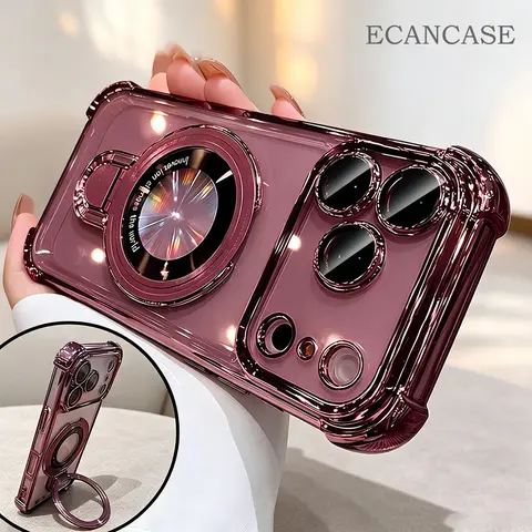 New Trending Cherry Hard Acrylic Phone Case with Kickstand Bracket, Camera Lens Protector, Electroplated Soft TPU Edge, Transparent HD Back, Shockproof Airbag Corners for iPhone 18 Pro Max & iPhone 12-17 Series (Pro Max/Plus), Ideal Gift