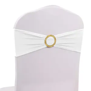 5 Pack Spandex Chair Sashes White with Gold Rhinestone Buckles - Reusable Four-Way Stretch Sash Bands for Classy & Effortless Wedding & Party Decor 5"x14"
