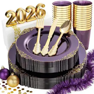 95-Piece Gold & Plastic Plates Set, Heavy-Duty Dinnerware Includes Dessert Plates, Cutlery, Cups, Napkins for Weddings, Parties, Thanksgiving