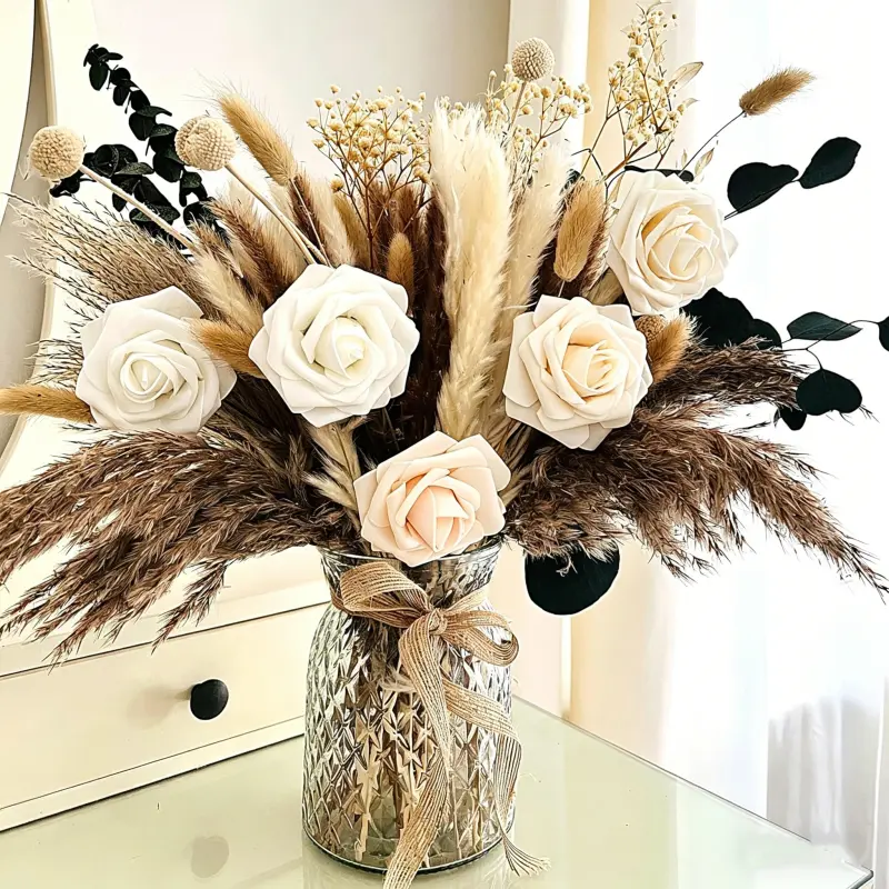 Artificial Pampas Grass & Rose Bouquet, 100PCS Boho Dried Flower Arrangement with 5 Roses, Eucalyptus, Bunny Tail Grass, Farmhouse Table Centerpiece Decor for Living Room Wedding Home