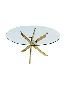 212 MAIN Gloss Finish Round Dining Table - 30x54x54 in Gold-Tinted Glass Top, Metal Cross Legs Base, Seats 6, Full Assembly for Contemporary Home Decor, Metal Base