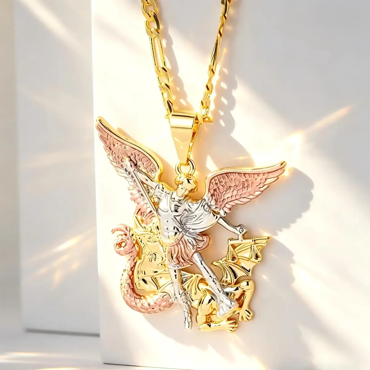Unisex Metal-Coated Archangel Saint Michael Pendant Necklace, Long Chain & Link Cuban Chain, Protective Talisman, Faith-Inspired Daily Wear Gift