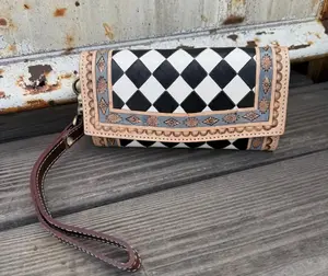 Checkered Tooled Leather Wallet