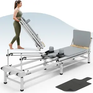 Pilates Reformer, 91" Foldable Reformer Pilates Machine with Adjustable Reformer Heights, Pilates Equipment with Piano Wire Spings and Jump Boards Stretching Gear Yoga Band
