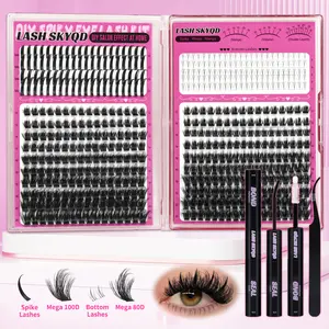 LASH SKYQD 472pcs 4 Styles D Curl False Eyelash Cluster Kit, Bottom/Spike/Mega 100D/Mega 80D Volume Lash Extensions Kit With Lash Bond and Seal Tweezers, Perfect for Beginners & Proficient, DIY at Home Easily, Easy Apply for Makeup Daily