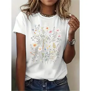 Women's pattern t-shirt with floral summer design and round neck New arrivals Local warehouse delivery of women's products Christmas clothing Women's gifts Women's beautiful shirt top pattern T-shirt clearance sale