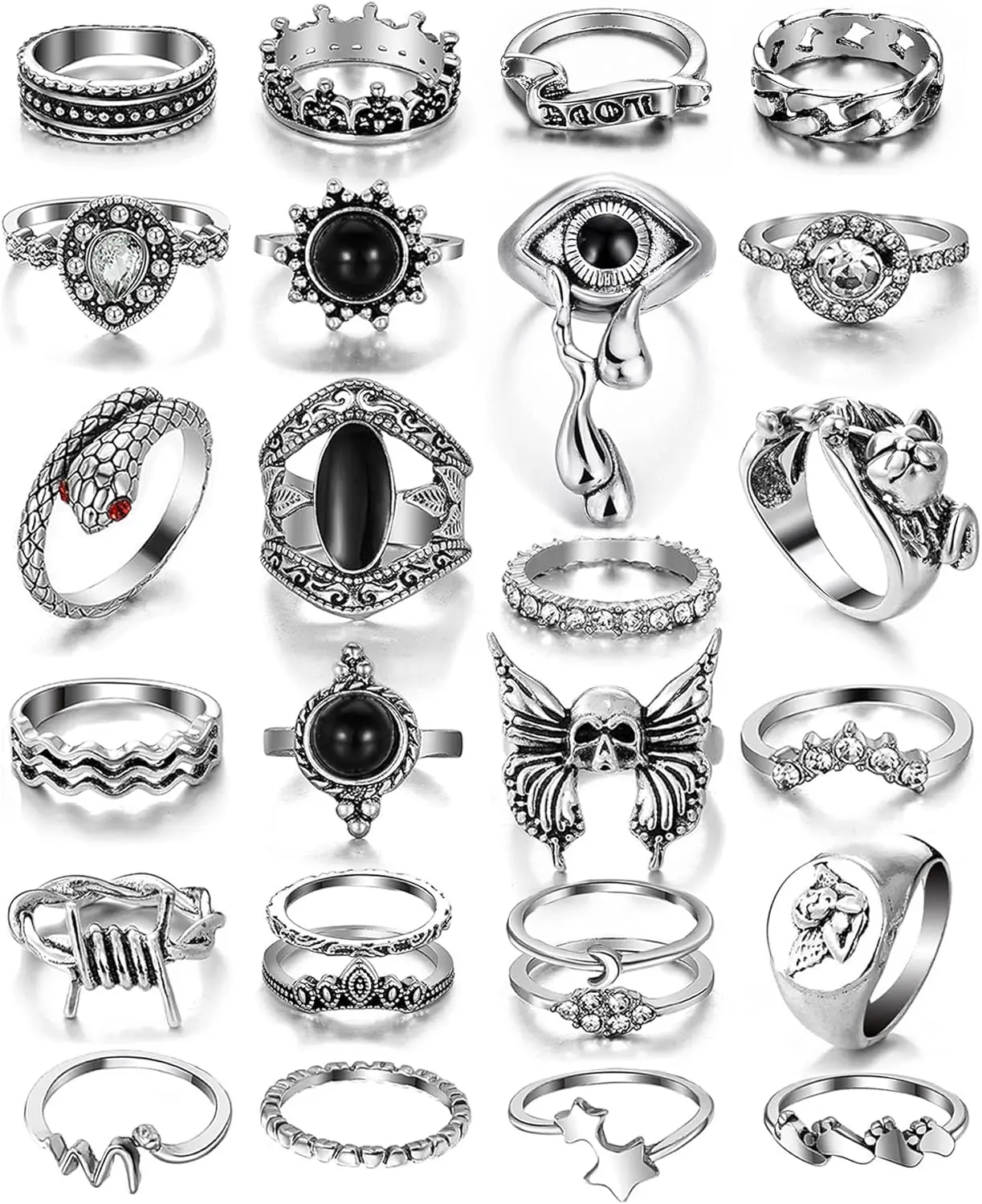 26-35 Pcs   Knuckle Rings Set for Women Men, Grunge Gothic Rings Chunky Aesthetic Snake Stackable Adjustable Punk Bulky Finger Alt Fairy Skull Frog Heart Star Flower Midi Ring Pack