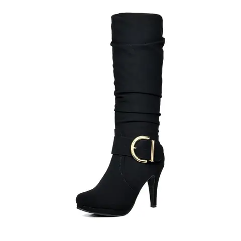 Dream Pairs Women’s 14-in High-Heel Knee-High Winter PU Leather Fur Boots - Round Toe Boot, Fur-Cuffed, Cushioned Shaft, Cold-Weather Grip, 3.3 In Platform Heel, Elastomer-Enhanced, Comfortable Footwear, Shoes for Women