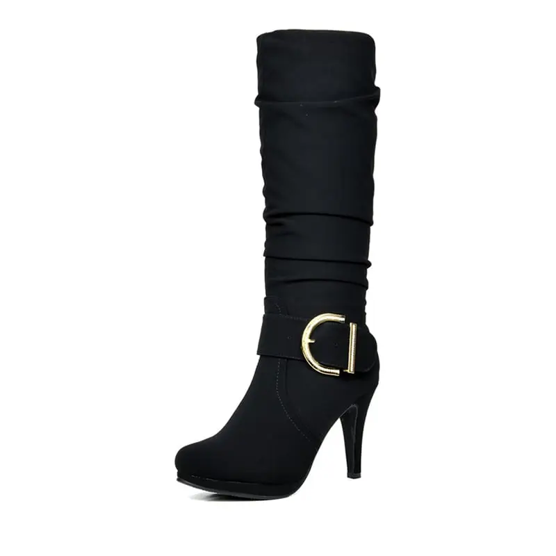 Dream Pairs Women’s Winter PU Leather Fur Boots - High-Heel Knee-High, Fur-Cuffed, Cushioned Shaft, Cold-Weather Grip, Platform Heel, Comfortable, Soft Footwear, Furboots, Comfortable Heels