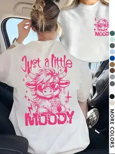 Women's Cute Highland Cow Letter Print Round Neck T-Shirt, Fashion Casual Round Neck T-Shirt, Daily Vacation Outdoor Wear, Patterned Tee, Loose, Top