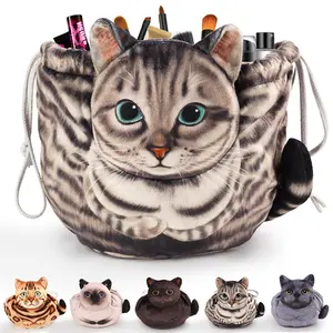 Cosmetic Bag Drawstring Travel Organizer, Cosmetic Pouch - Cat Gift, Lay Flat Makeup Bag Gifts for Cat Lovers