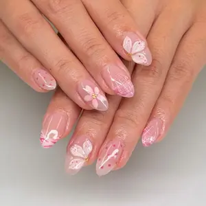 24pcs Spring Sweet Girl Fake Nails Extension, Flower Design Nails, Transparent Ice Crystal Flower Butterfly, Cherry Blossom Butterfly + Gold Beads, 5-Minute Application