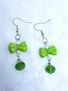 Green bow dangle earrings cute for girls and teens Handmade earrings