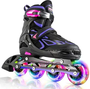 2PM SPORTS Vinal Girls Adjustable Flashing Inline Skates, All Wheels Light Up, Fun Illuminating Skates for Kids Men Adult Women and Boys