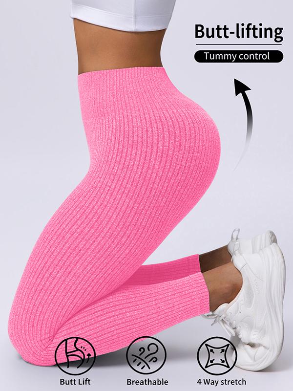 Fashion Candy Colors Women High-Waisted Butt-Lifting Tummy-Control Leggings, Soft Comfortable Breathable Elastic Ribbed Texture Sport Pants, Gym Workout Yoga Fitness Leggings, Suitable For Casual and Versatile Styles, Everyday Wear Must-Have For Wardrobe