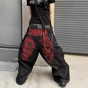 American-style embroidered red dragon jeans, loose straight-leg casual wide-leg trousers for men and women, suitable for spring and autumn